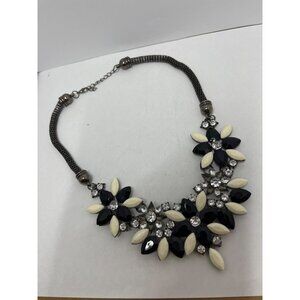 Retro Style Black, White And Glass Floral Bib Necklace